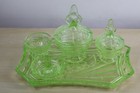 Art Deco Rare Sowerby 2590 Uranium Vaseline Glass Dressing Table Set 5 Pieces Ex