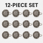 12 Antique Silver Decorative Shower Curtain Hooks Round Floral Polyresin Set