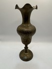 Vintage Indian Brass Trumpet Vase Etched Floral 9    Boho Decor