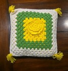 Groovy 1970s Handmade Crochet Decorative Pillow White Yellow Green Boho Hippie