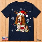 Christmas Basset Hound Dog Design With Santa Hat  Scarf And Lights T-shirt