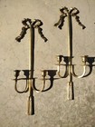 Vintage Solid Brass Ribbon Bow Tassel Wall Sconce Candelabra Candle Holder Pair 