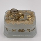 Antique French White Opaline Glass Casket Lion Lid Gold Trim 19th Century Box