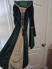 Women   s Green Velvet Medieval Renaissance Dress Gown gold Trim  Laceup Front  Xl