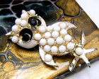 Super Cute Vintage White Black Enamel Rhinestone Lucite Bead Owl Brooch