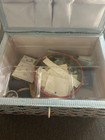 Vintage Wicker Sewing Basket Floral Lid Tufted Satin Lining Notions Included