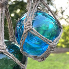 2 Vintage Netted Japanese Glass Fishing Buoys Floats Balls 3  - 3 5  Blue Green