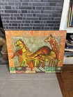 Vintage Mixed Media Folk Art Horses Collage Painting Boho 1970s Style Signed