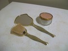 Vintage Hand Held Vanity Mirror Brush Jar Set Floral Vine Retro