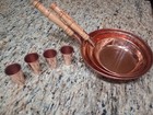 Set Of 3 Handmade Copper Pan Set And 4 Copper Shot Glasses  tequileros 