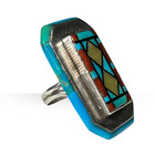 Vintage Native American Zuni Sterling Silver Turquoise Coral Inlay Ring  Signed