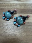 Vintage Rare 925 Sterling Navajo Onyx turquoise coral Clip On Earrings 2 5    L978
