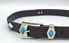 Vintage Black Leather Belt Silver Buckle Turquoise Western Womens Medium Boho