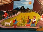 Vintage Painting Peru Folk Art  Signed Llamas  Gardens  People-happy 