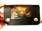 Vtg Blck Leather Chain Biker Wallet Brwn Skull Crossbones Embossed Leather Patch