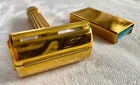 Vintage Gillette Aristocrat Safety Razor-leather Case gold Tone 4 Blades holder