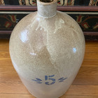 Antique Stoneware 5 Gal  Whiskey Jug Handmade Formed Handle Salt Glazed Blue 5