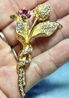 Vintage Pink   Clear Rhinestone Flower Stem Gold Toned Brooch pin  3   By 1 25 