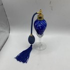 Art Blown Glass Perfume Bottle Atomizer Blue Gold Tone Swirl Decor Collectible