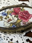 Vintage Stratton Pill Box Floral Rose Design With Gold Tone Metal    