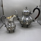 Antique Victorian Repousse Ornate Tea Pot   Creamer Silver Tone Wood Handle