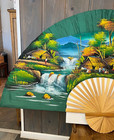 Vintage 5 Ft  Wide Hand Painted Japanese Fan On Silk Fabric With Split Bamboo