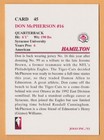 Don Mcpherson 1993 Jogo Cfl Card Hamilton Tiger-cats  Syracuse Orange