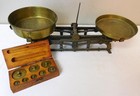 Antique Cast Iron Balance Scale Brass Pans Metric Weights Apothecary Mercantile