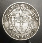 1902 Colombia 50 Centavos One Year Type Silver Coin Km 192 Philadelphia Mint