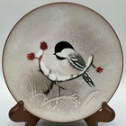Norman Brumm Enamel On Copper  6   plate Bird Red Flower Branch Winter  Signed