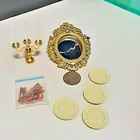7pc Dollhouse Miniature Gold Tone Chandelier Candle Holders Plates Flatware Mirr