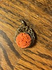 Vtg Coral Celluloid Brass Brooch Pin Floral Design Antique Victorian Carved
