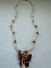 Handcrafted Gold White Glass Beaded Necklace Pink Butterfly Charm Pendant