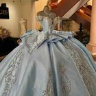 Sky Blue Off Shoulder Bow Ruffles Quinceanera Dress Ball Gown Appliques Sweet 16
