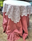 Vtg Table Topper 31  Square Wt Linen Handmade Figural Lace Bow-tied Ribbons