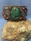Beautiful Vintage Sterling Silver Turquoise And Coral Cuff Bracelet