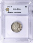 1943-p Jefferson Nickel Clamshell Lamination Mint Error Icg Ms63 War Nickel L  k