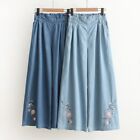 Lady Wide Leg Jeans Floral Embroidery Breathable Loose Denim Pant Trouser Casual