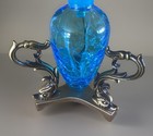 Vintage Mag  Blue Glass Perfume Bottle Decanter Flame Tip Mcm Gold Metal Stand