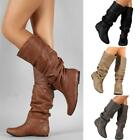 Knee High Pu Leather Flat Boots Mid-calf Biker Slouch Boots Casual Shoes Women