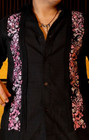 Mens Mexican Wedding Guayabera Black Fabric Long Sleeve Rose Pink Embroidery