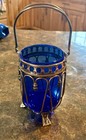 Grand Victorian Cobalt Blue Glass Votive Holder Metal Basket W handle