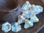 12 Czech Glass Beads - 9mm Aqua Blue Gold Picasso Bell Flower
