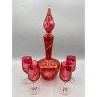 Vtg Cranberry Red Glass Decanter Set Etched Floral 4 Cordials Genie Bottle Bar