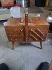 Vintage Dark Wooden Sewing Box  3 Tier Accordion Style   Full Of Accessories