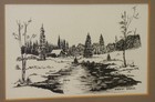 Original Pen   Ink Drawing Winter Cabin Pond Signed Harriet Braun Framed 12x10