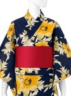 Japanese Summer Kimono Yukata And Obi Set Navy Sunflower Floral Pattern New