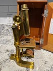 Bausch   Lomb Optical Co  Antique Brass Microscope W og Keyed Wood Case Rare Usa