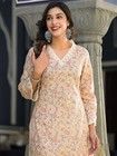 Indian Women Beautiful Off White Cotton Floral Print Kurta Kurti Top Tunic Dress