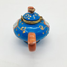 Tea Pot Mini Trinket Box Ceramic 4  Inch Blue With Pink Butterfly Hinged